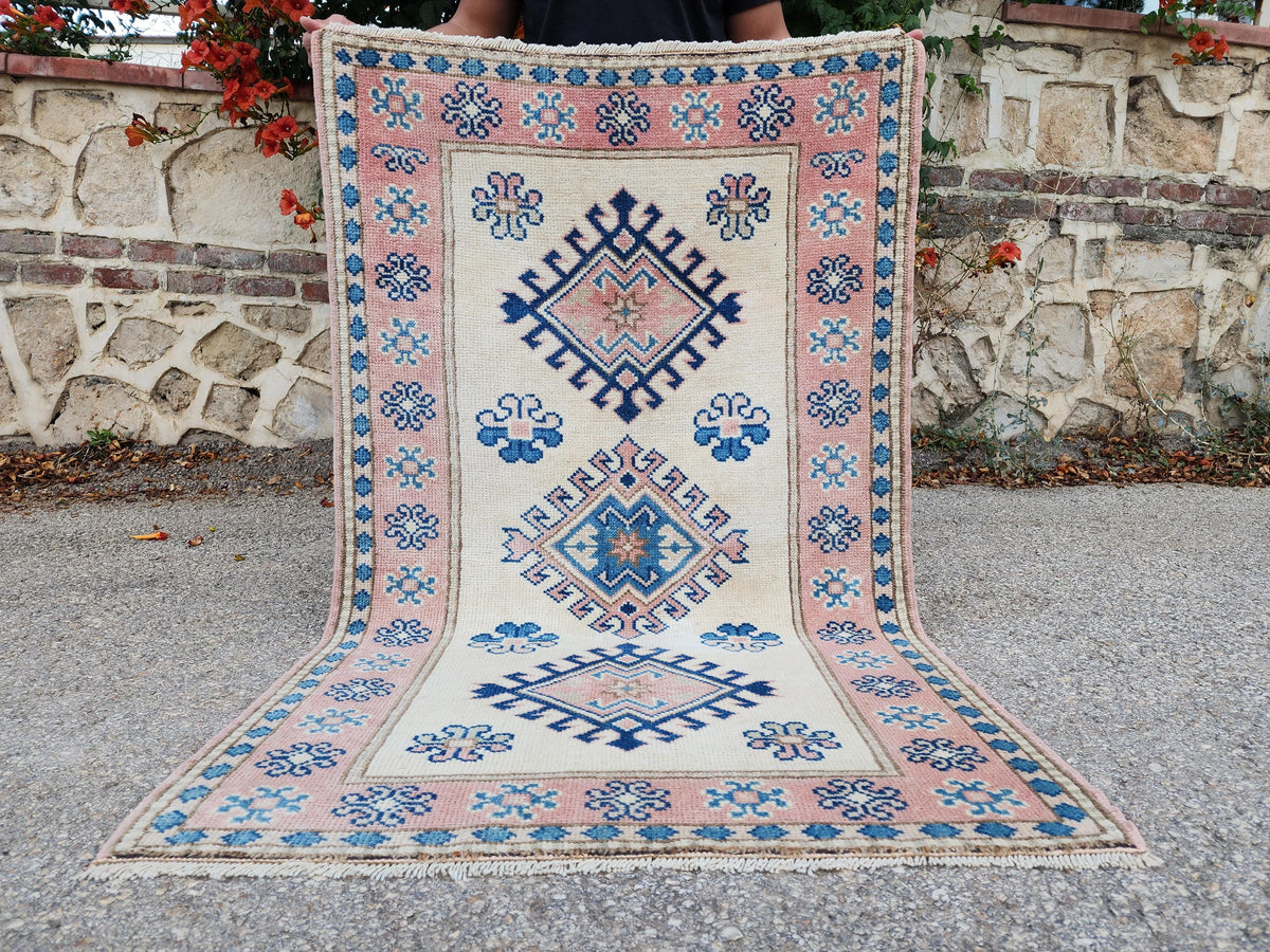 3x5 Anatolian Rug, Bohemian Turkish Hand Made Wool Carpet, Beige and Blue Color