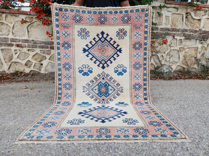 3x5 Anatolian Rug, Bohemian Turkish Hand Made Wool Carpet, Beige and Blue Color