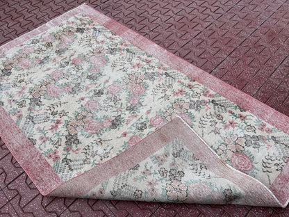 Handwoven Turkish Oushak Rug: 3.8x6.5, Wool & Cotton Floral Rug