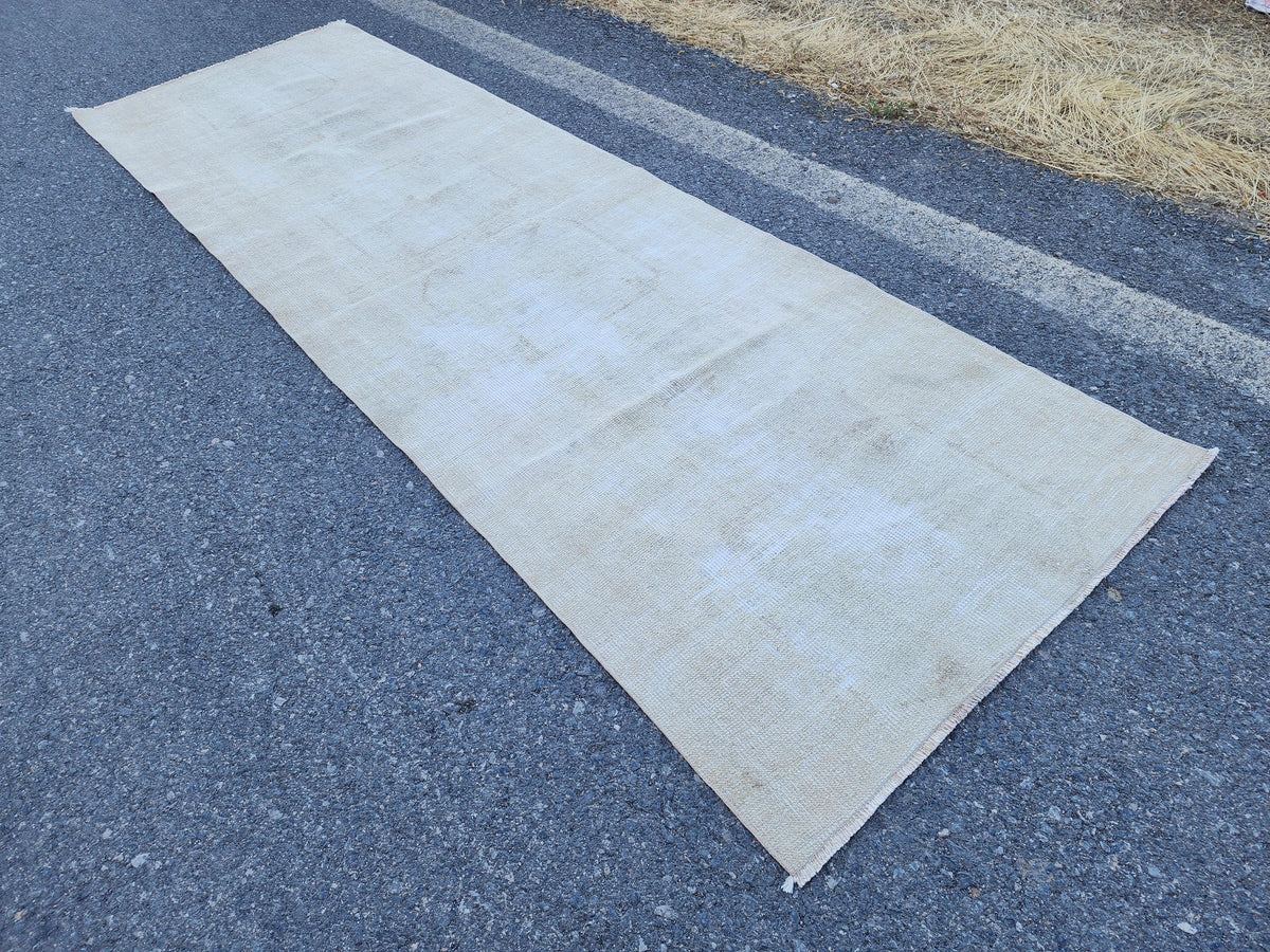 Muted Turkish Runner Rug 3x11, Farmhouse Decor, Neutral Hand Knotted Beige and White