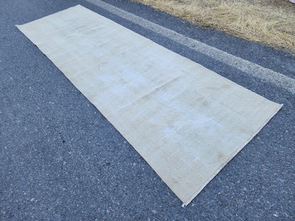 Muted Turkish Runner Rug 3x11, Farmhouse Decor, Neutral Hand Knotted Beige and White