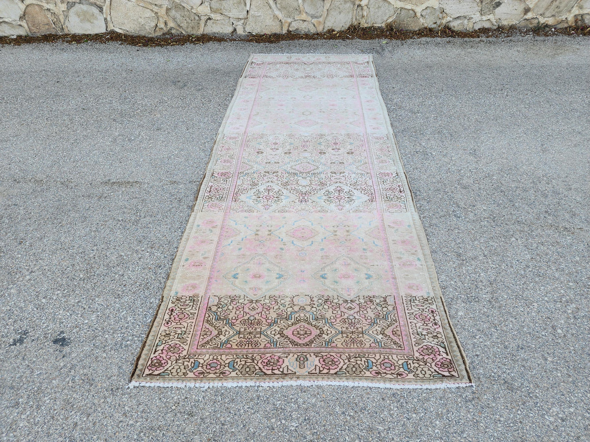 Vintage Neutral Runner Rug 3x9: Hand Knotted, Pink And Brown