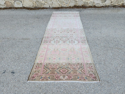 Vintage Neutral Runner Rug 3x9: Hand Knotted, Pink And Brown