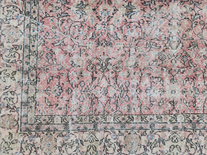 7x10 Vintage Turkish Rug: Beige and Pink Oriental Oushak Rug