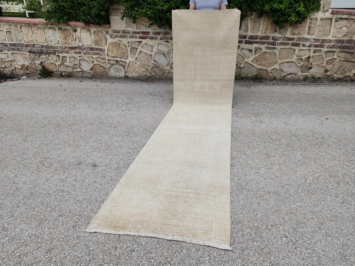 Beige Wool Runner Rug 2x11: Hand Knotted Turkish Geometric Hallway Rug