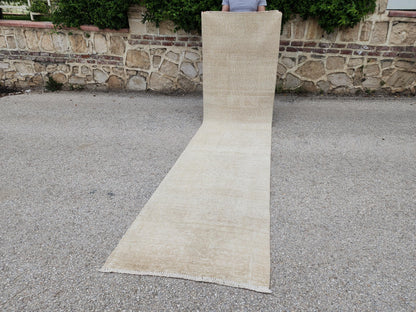 Beige Wool Runner Rug 2x11: Hand Knotted Turkish Geometric Hallway Rug