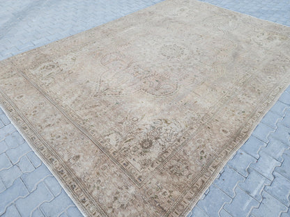 9×12 Vintage Wool Rug, Hand Knotted, Neutral Beige Oriental Persian Traditional Carpet