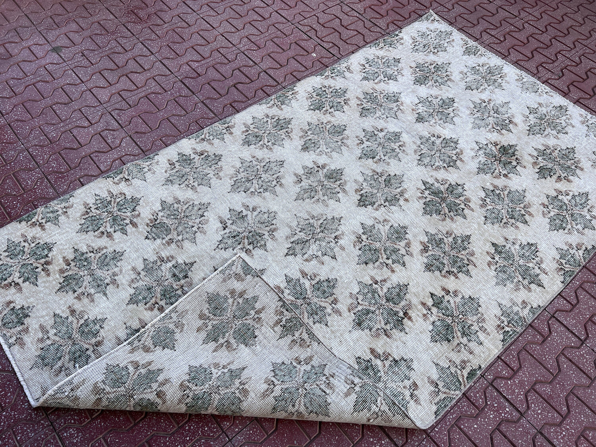 Handwoven Turkish Oushak Rug: 4x7 Green Wool Entryway Rug