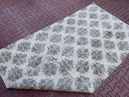 Handwoven Turkish Oushak Rug: 4x7 Green Wool Entryway Rug