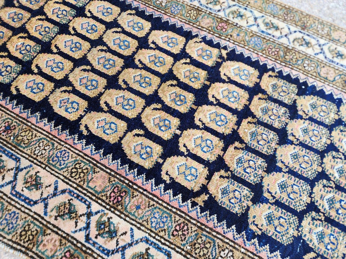 Antique Caucasian Runner Rug 3x17 ft | 100-Year-Old Hand-Knotted Wool Rug | Navy Blue Floral Gallery Runner