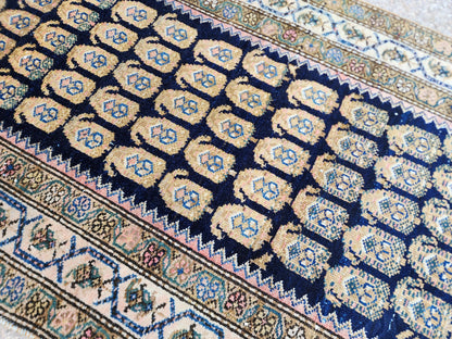 Antique Caucasian Runner Rug 3x17 ft | 100-Year-Old Hand-Knotted Wool Rug | Navy Blue Floral Gallery Runner