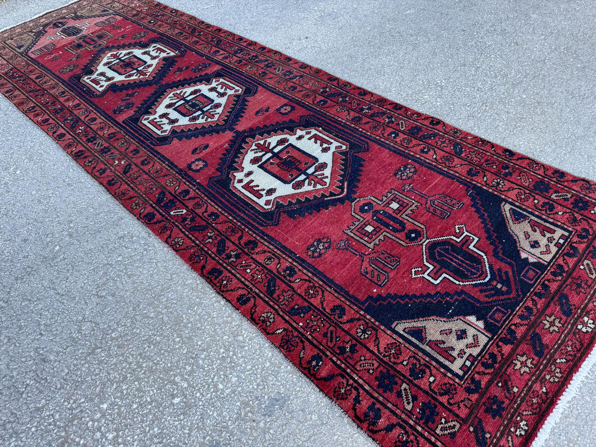 3x10 Geometric Wool Red Runner Rug: Hand Knoteed, Kitchen Decor