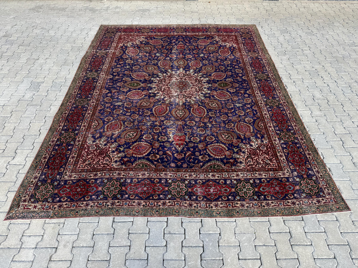Handmade Wool Rug 10x13: Navy Blue Medallion Oriental Rug