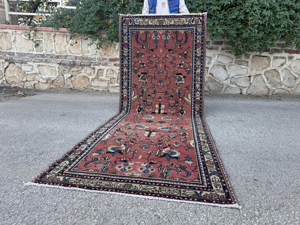 3x9 Tribal Persian Rug: Hand Woven, Faded Red and Black Pattern