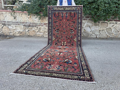 3x9 Tribal Persian Rug: Hand Woven, Faded Red and Black Pattern