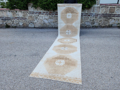 3x11 Neutral Turkish Wool Runner Rug, Hand-Knotted Vintage Hallway & Entryway Rug