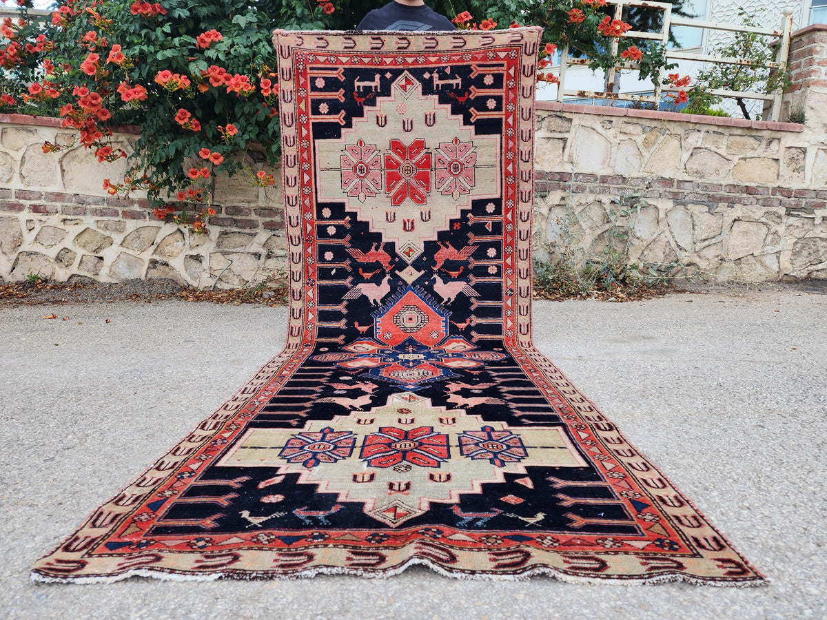 3.7x9.7 Vintage Caucasian Runner Rug, 1950s Handwoven Wool Carpet, Animal Motif Navy Red Tribal Design