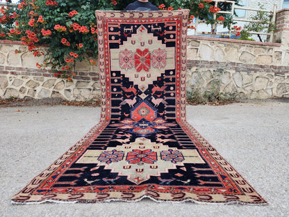 3.7x9.7 Vintage Caucasian Runner Rug, 1950s Handwoven Wool Carpet, Animal Motif Navy Red Tribal Design