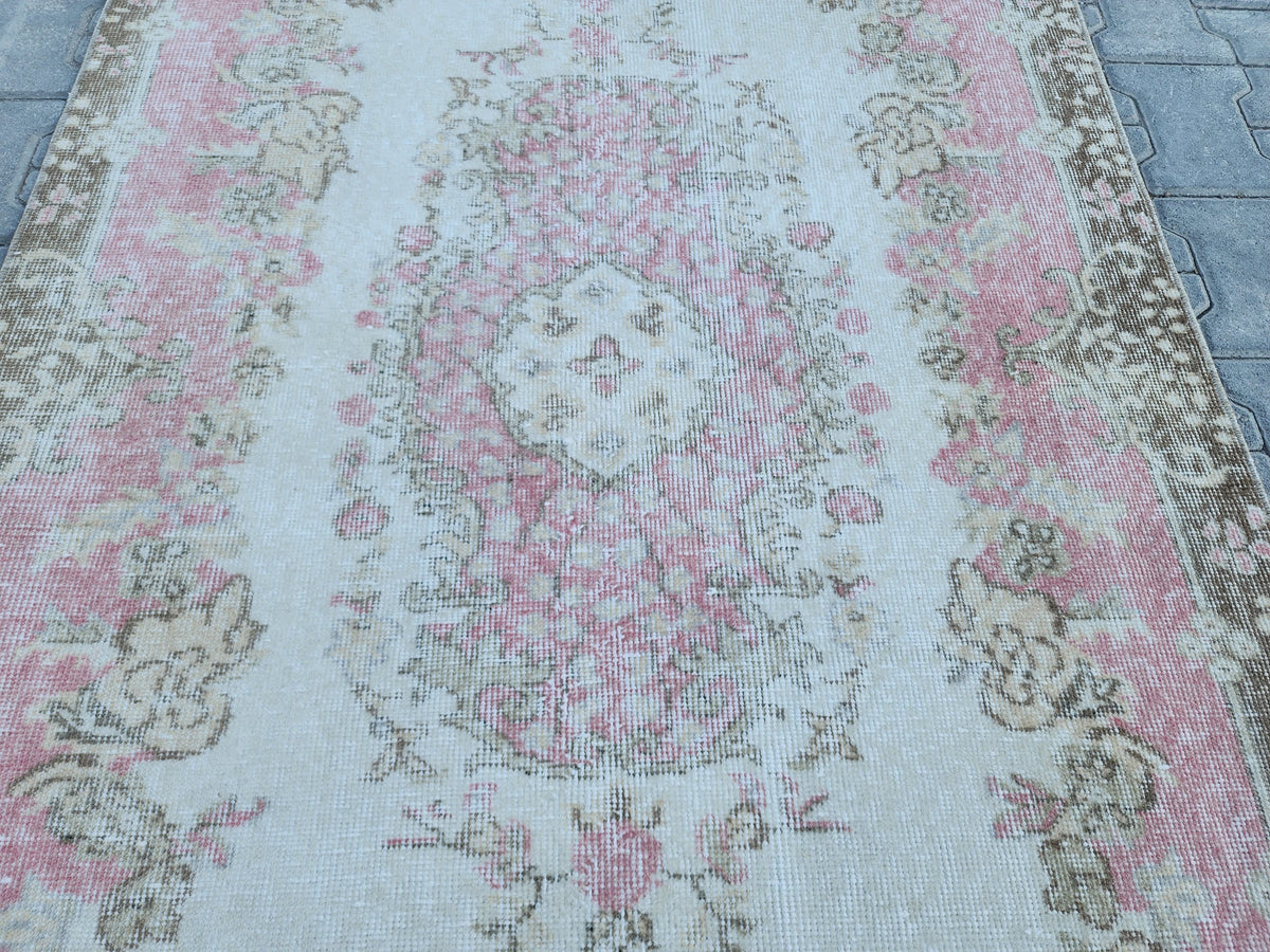 Handwoven Turkish Oushak Rug 4x7: Pink Rose Wool Rug