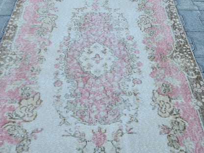 Handwoven Turkish Oushak Rug 4x7: Pink Rose Wool Rug