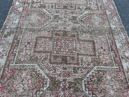 Handwoven Wool Turkish Rug 4x10: Neutral Bohemian Entry Rug