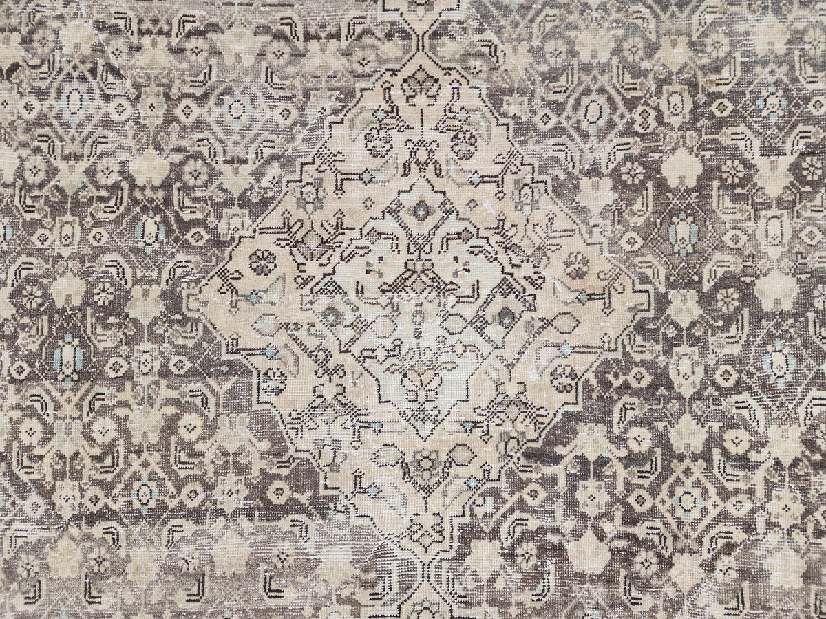 9x12 Traditional Vintage Rug: Geometric Brown Wool Design, Hand Knotted