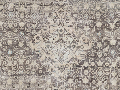 9x12 Traditional Vintage Rug: Geometric Brown Wool Design, Hand Knotted
