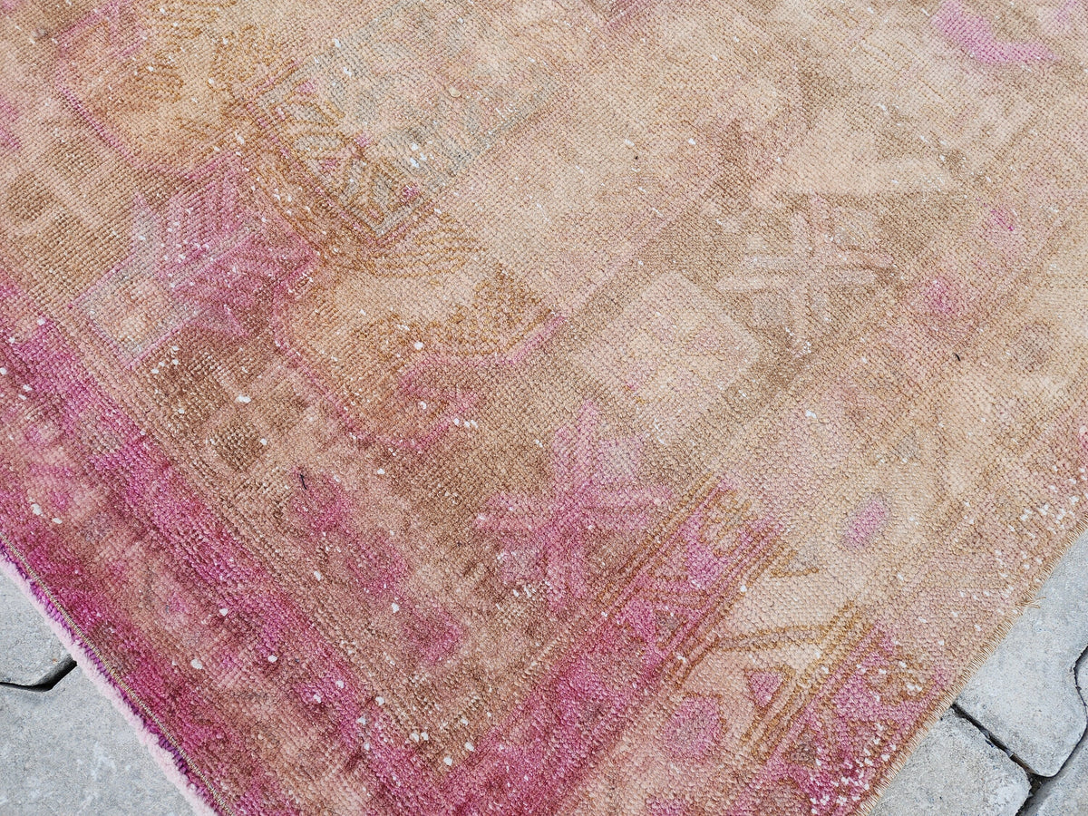 3x11 Pink Wool Turkish Runner Rug: Hand Knotted Bohemian Hallway Decor