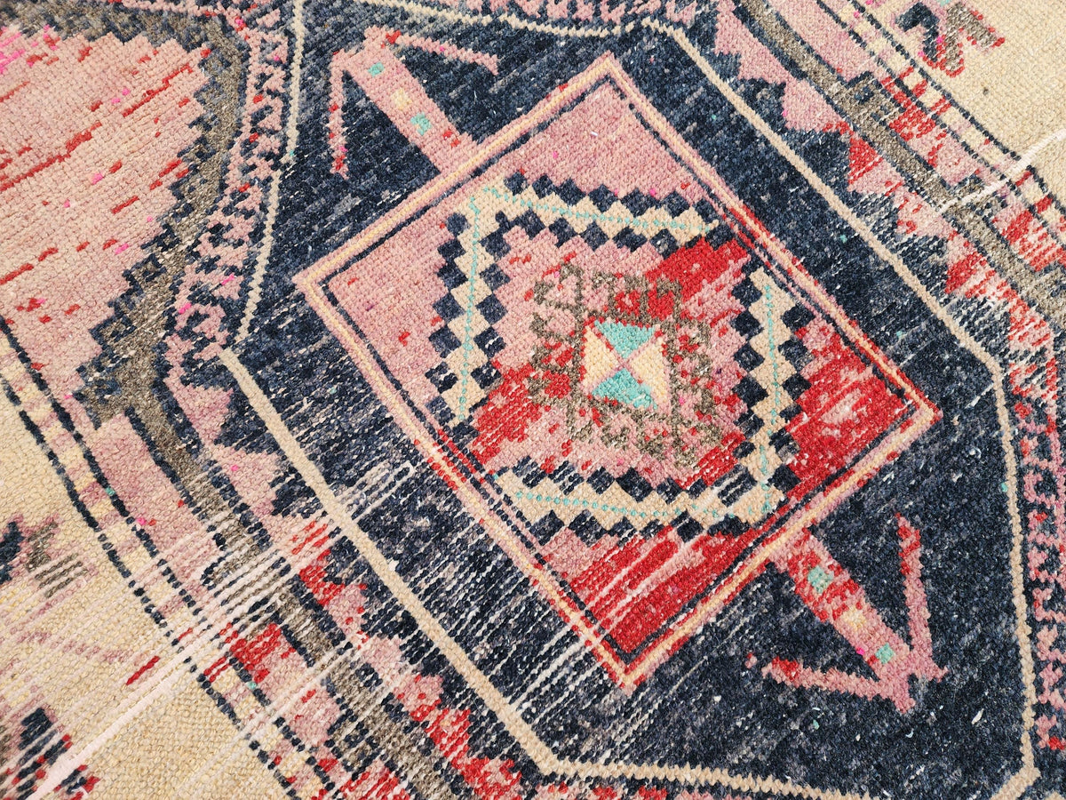 Turkish Runner Rug 3x11, Brown and Pink Color Hallway Carpet, Home Rustic Decor