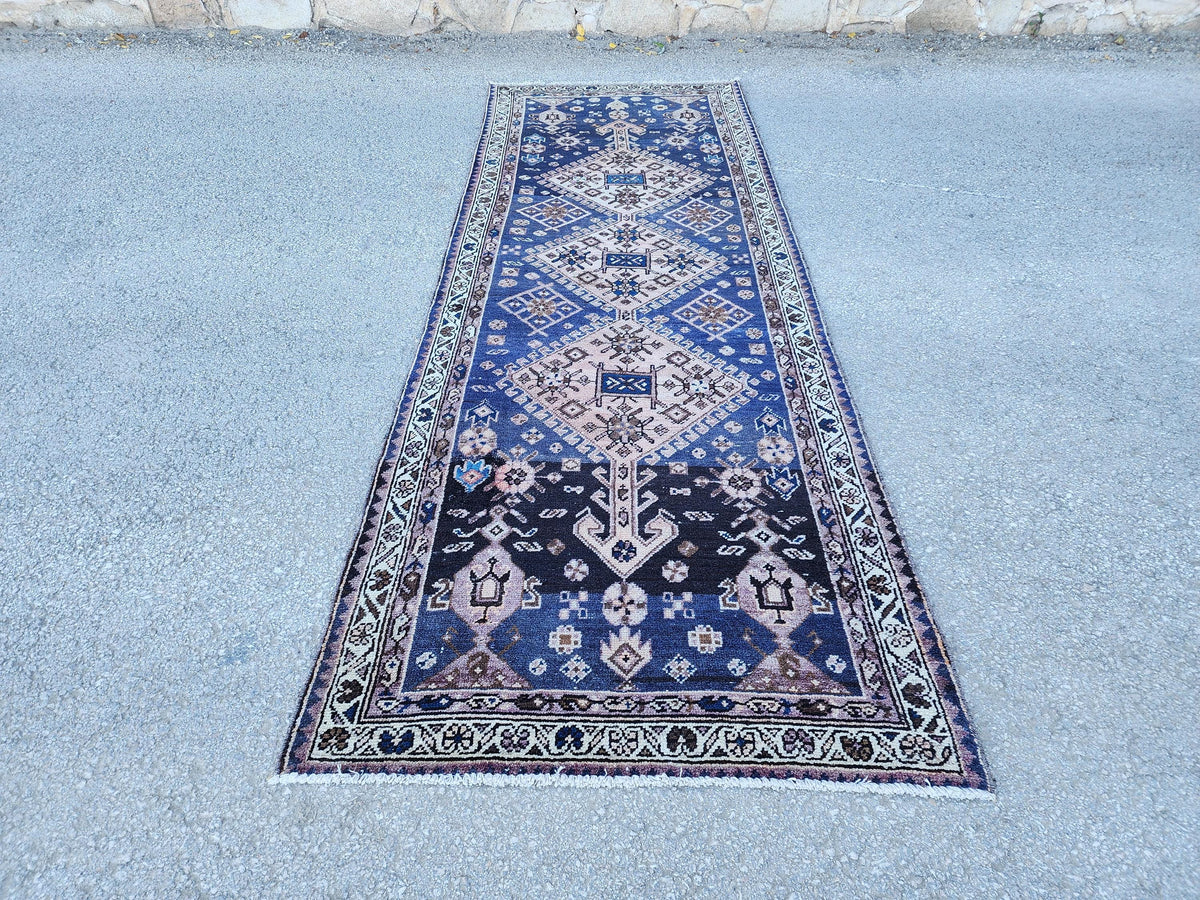 3x9 Antique Navy Blue Runner: Hand Knotted, Hallway Authentic Decor