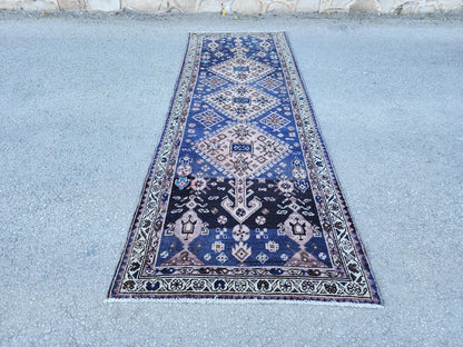3x9 Antique Navy Blue Runner: Hand Knotted, Hallway Authentic Decor
