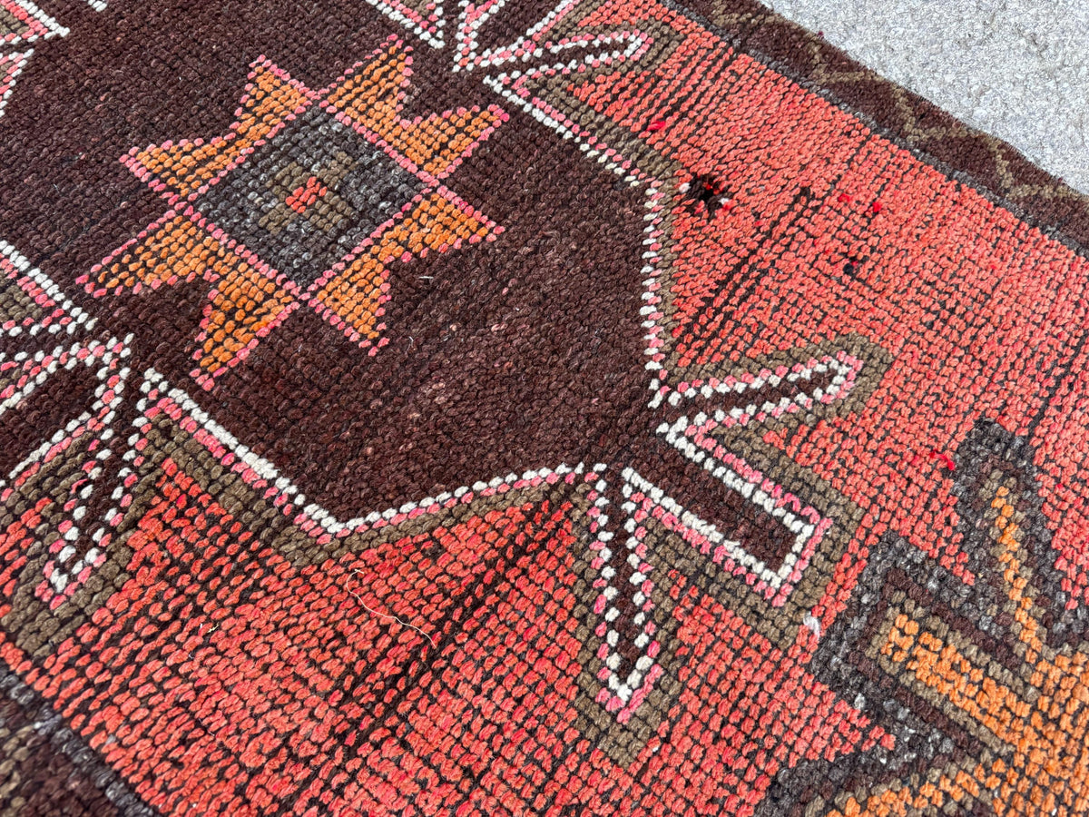 3x9 Geometric Herki Runner: Handwoven Wool in Red and Brown Tribal Design