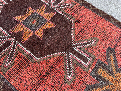 3x9 Geometric Herki Runner: Handwoven Wool in Red and Brown Tribal Design