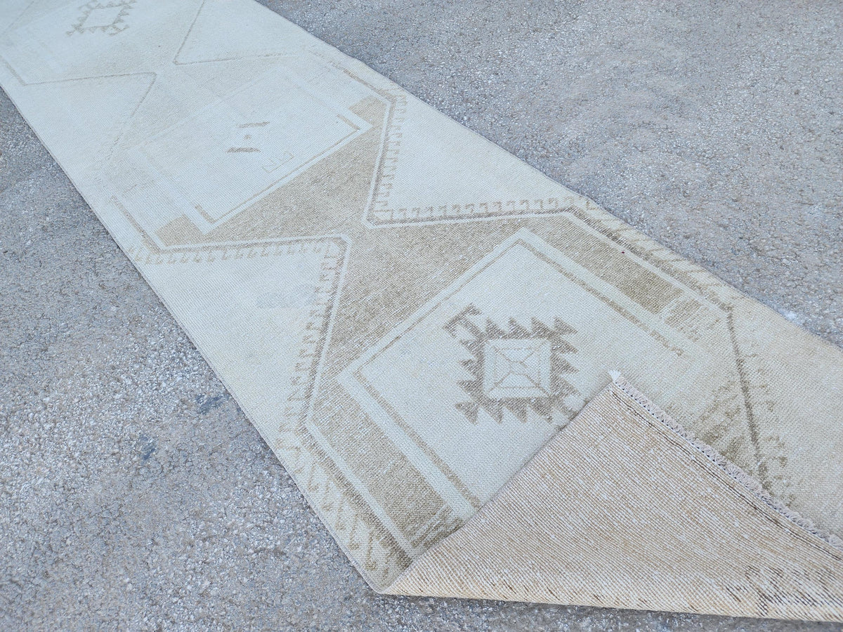 3x12 Turkish Wool Runner Rug: Hand Knotted, Beige and Brown