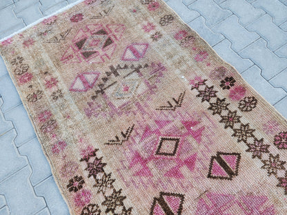 3x11 Vintage Runner Rug : Herki Handwoven Wool, Pink & Brown