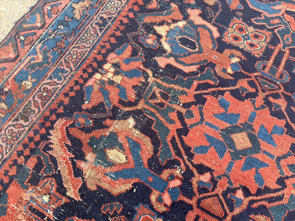 4x9 Antique Rug, 1920s Handwoven Wool Carpet, Patina Blue Collectible Tribal Rug