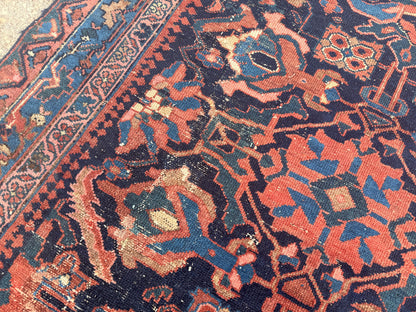 4x9 Antique Rug, 1920s Handwoven Wool Carpet, Patina Blue Collectible Tribal Rug