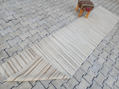 2x11 Handwoven Turkish Kilim Runner Rug: Neutral Wool Farmhouse Rug