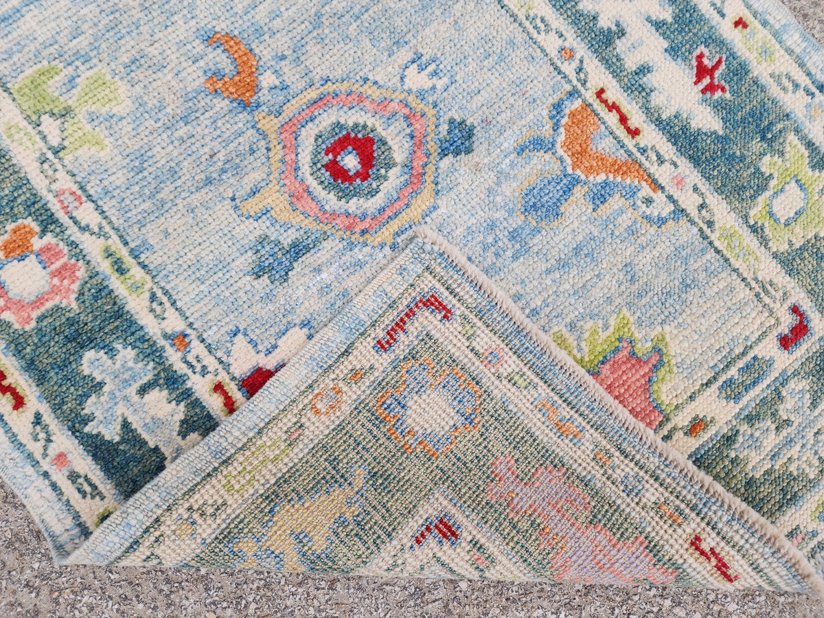 Handwoven Oushak Wool Rug 3x4, Light Blue Floral Entryway Rug