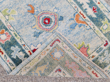 Handwoven Oushak Wool Rug 3x4, Light Blue Floral Entryway Rug