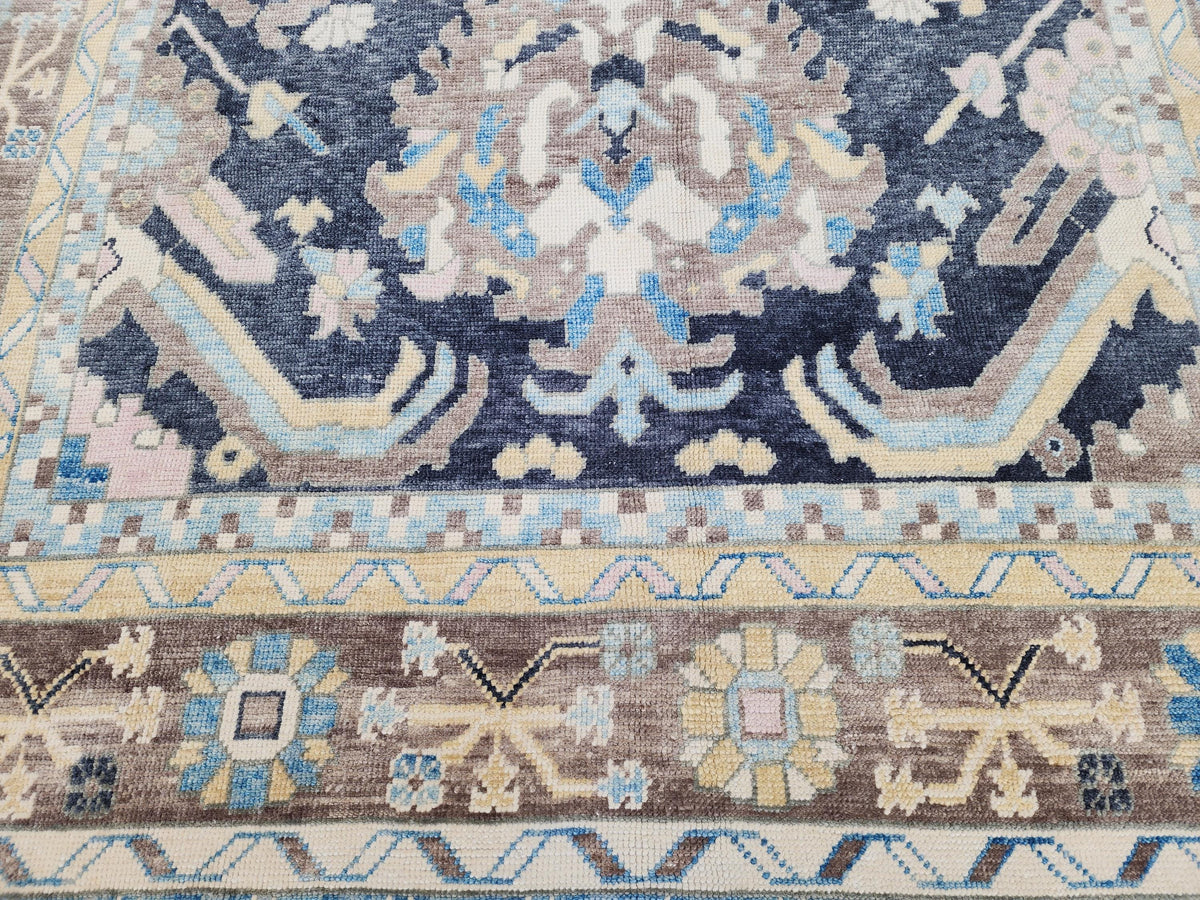 8x11 Navy Blue Oushak Rug: Handwoven Turkish Wool Medallion design, Patina Blue Home Decor