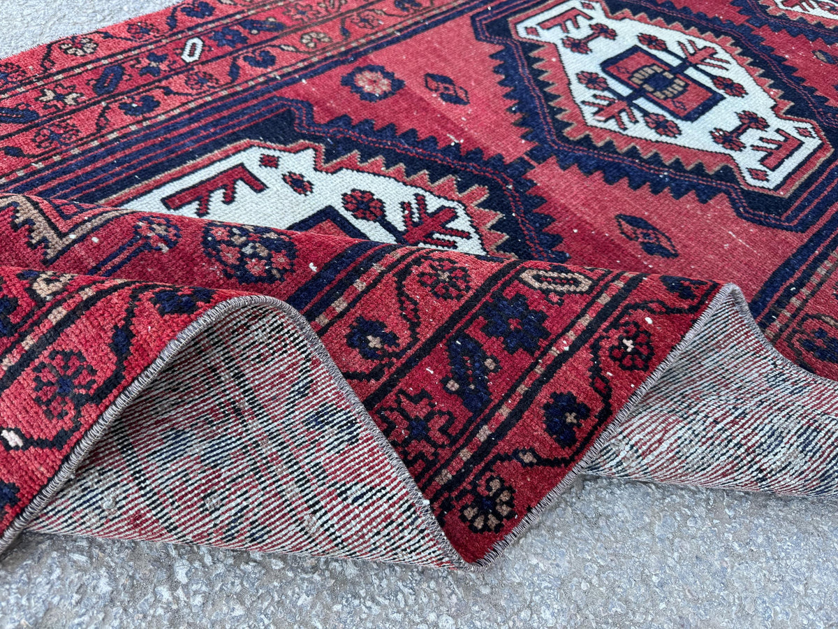 3x10 Geometric Wool Red Runner Rug: Hand Knoteed, Kitchen Decor