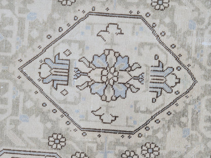 Vintage 9x13 Neutral Oriental Rug: Hand Woven Wool Cotton Area Rug, Geometric Pattern Carpet