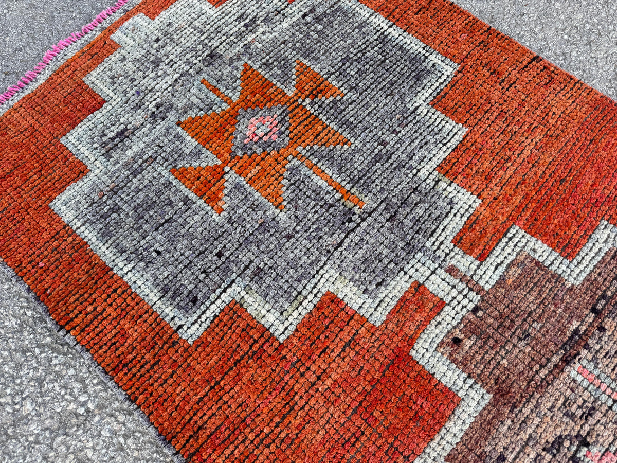 3x12 Oriental Herki Runner: Vintage Handwoven Wool in Burnt Orange & Brown with Geometric Motifs