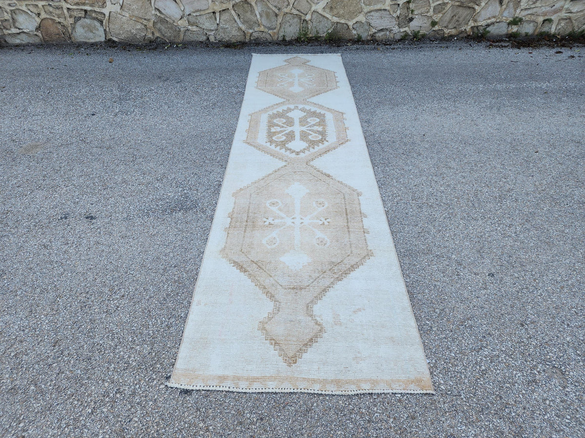 3x13 Neutral Turkish Runner Rug: Beige Rustic Hallway Decor