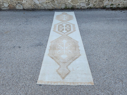3x13 Neutral Turkish Runner Rug: Beige Rustic Hallway Decor