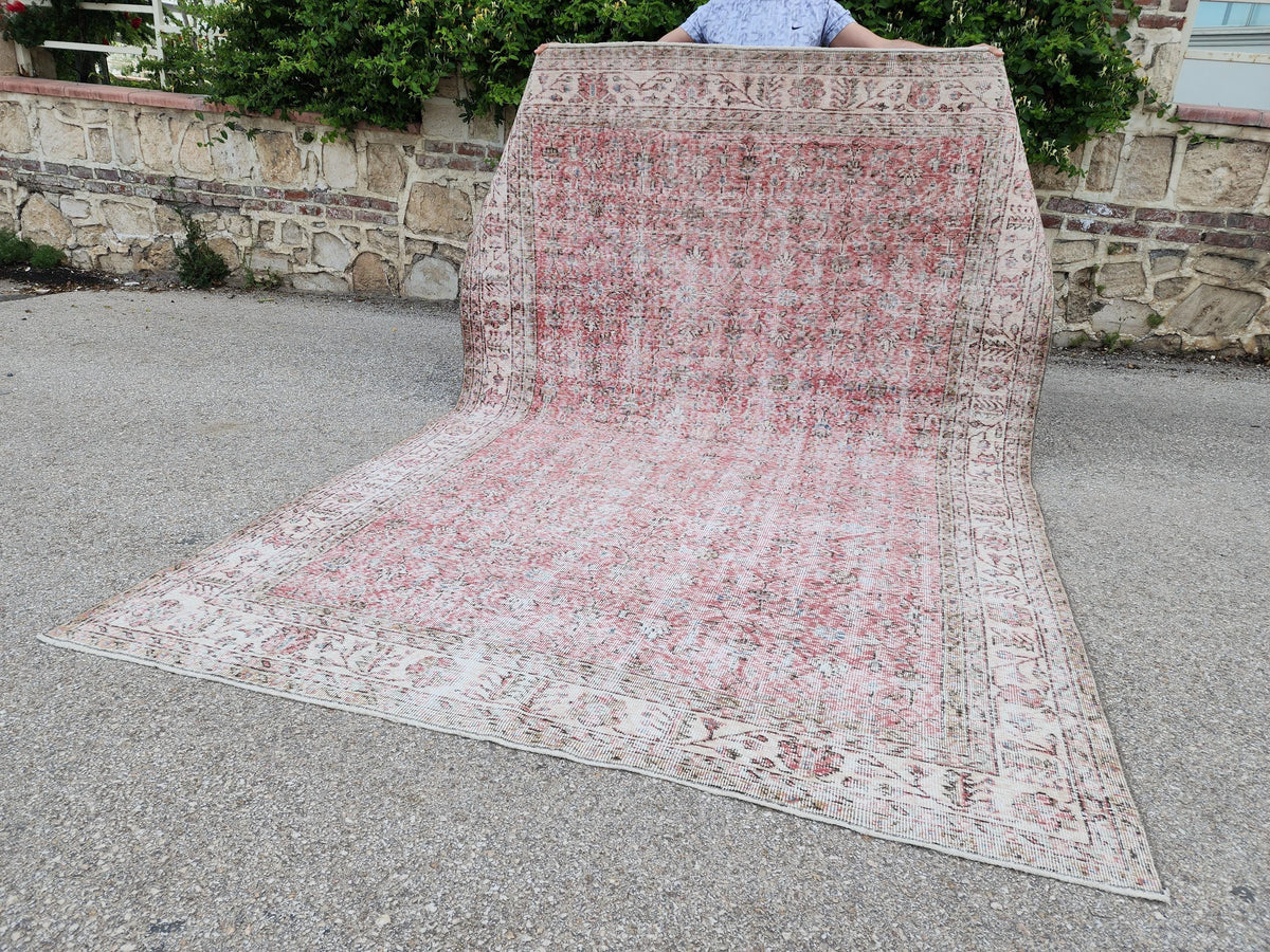 Vintage Oushak Rug 7x10: Handwoven Turkish Wool, Faded Red Farmhouse Style