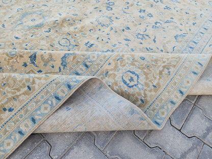 Oversized Vintage Rug 9x13: Hand Knotted Wool, Neutral Blue & Cream