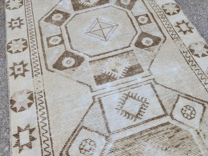 Neutral Geometric Runner Rug 3x13, Bohemian Turkish Hand Made Carpet, Hallway Home Decor