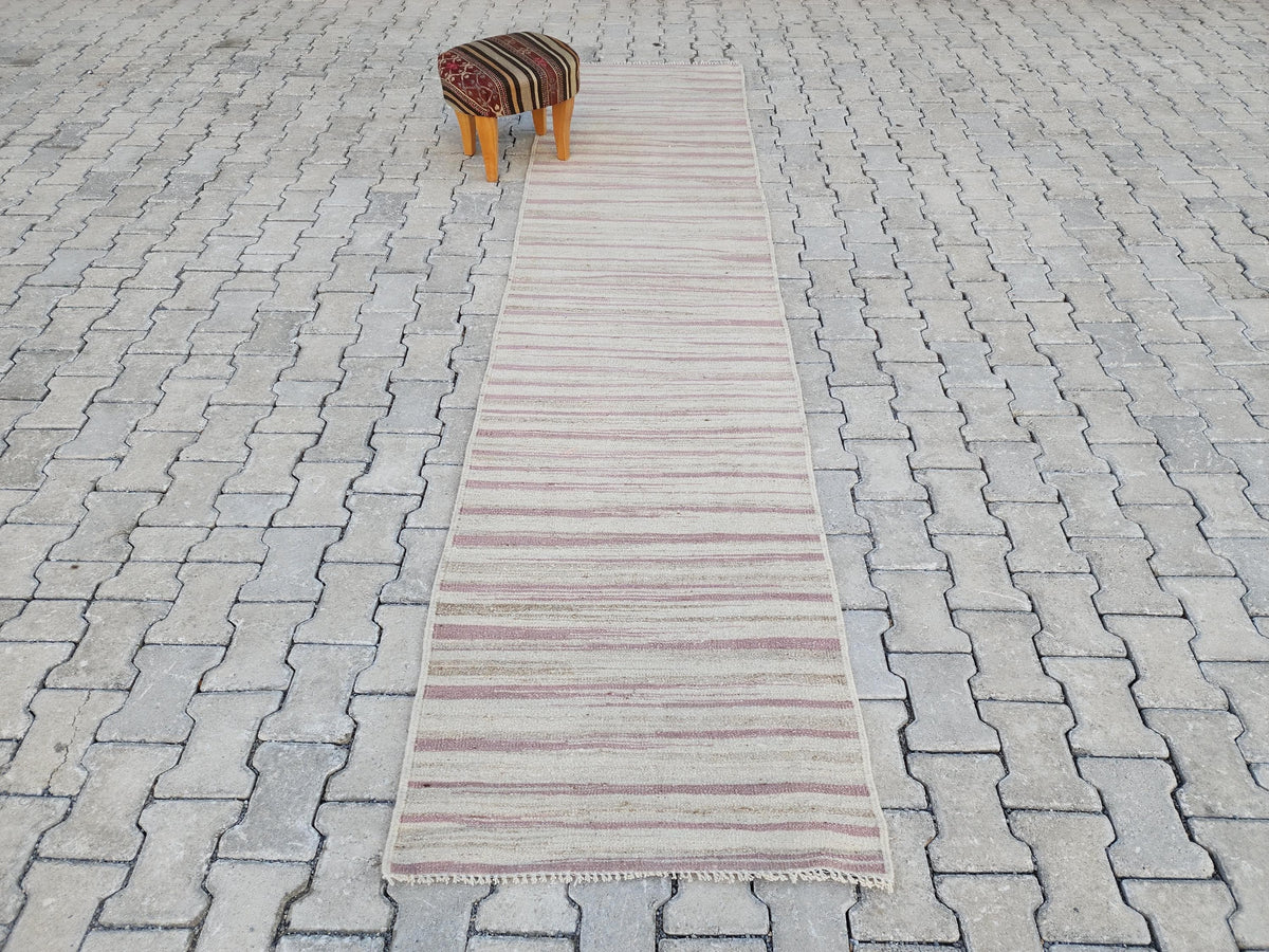 Soft Neutral Turkish Kilim Runner Rug: 2.7x11 Handwoven Wool